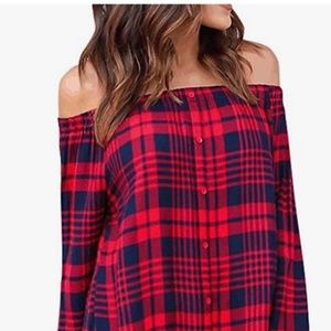 Women Off The Shoulder Plaid Loose Tunic blouse